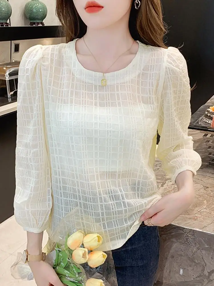 

2023 VONDA Women Fashion Blouses Spring Long Puff Sleeve O Neck Elegant Tunic Tops Casual Solid Color Party Shirts Femininas