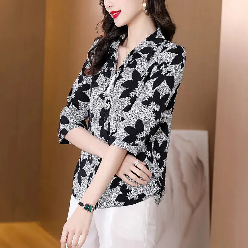 

M-4XL New Spring and Summer Polo Shirts Fashion Half Sleeved Loose All-match Flower Print Ladies Blouse Tops Blusas Mujer