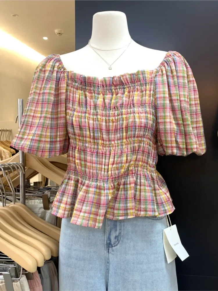 

Summer Women's Top Elegant Sweet Rainbow Plaid Print Blouses Cotton Linen T-shirt Sexy Slash Neck Puff Mid Sleeve Street Shirt