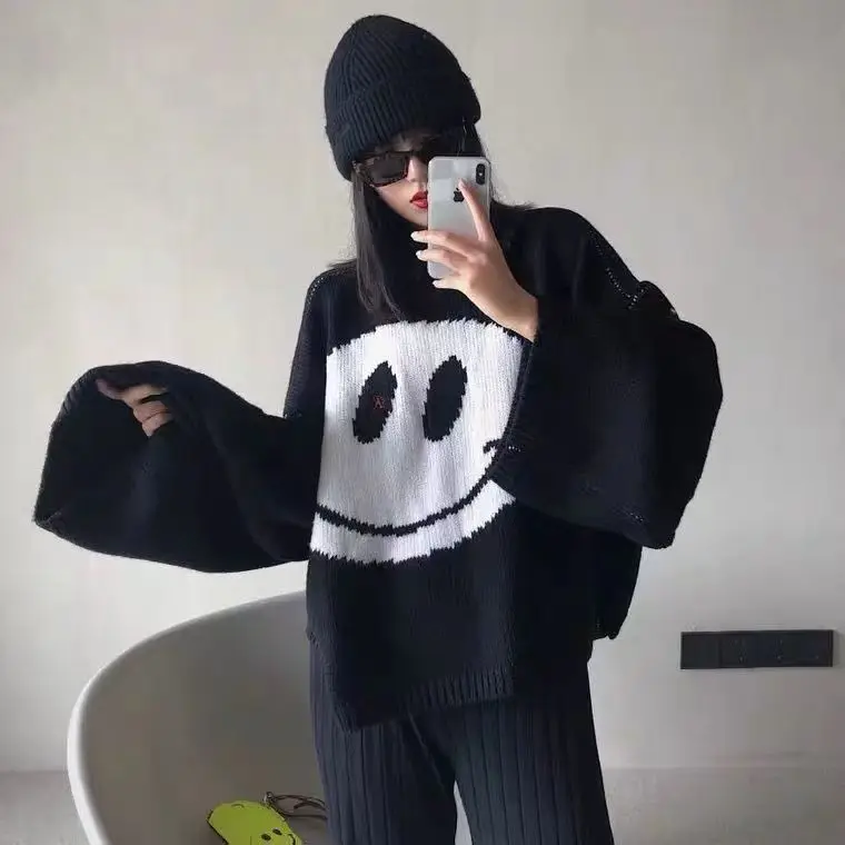 

Y2k Goth Smile Crop Top Sweater Oversized Loose Women Streetwear Fashion Jumper Gothic Style Sweaters Female Casual Tops Clothes
