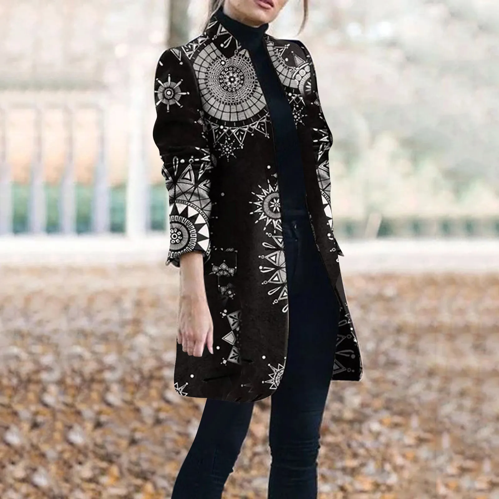 

Women's Vintage Floral Print Mid-Length Long Sleeve Coat Fashion Winter Woolen Womens Wool Docks Casual Tie Wool Coats