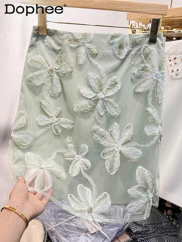 

Mesh Three-Dimensional Flower Stitching High Waist Skirt Women 2022 New Slim Fit Pure Color Summer All-Match Kee-Length Skirts