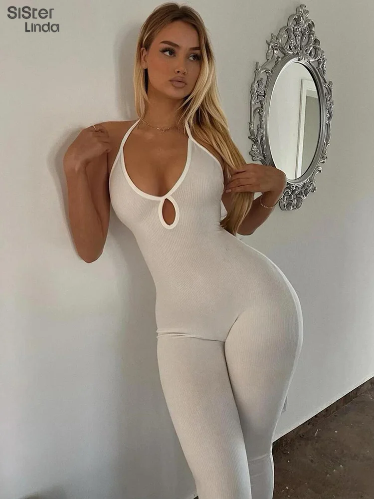 

Sisterlinda Ribbed Halter Sexy Jumpsuit Lady Sleeveless Backless Low Neck Hole Body-Shaping Activity Workout Streetwear Overalls