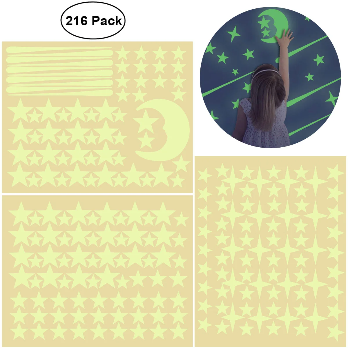 

UNOMOR 216pcs Luminous Noctilucence Wall Sticker Kids Rooms Home Decor DIY Decal