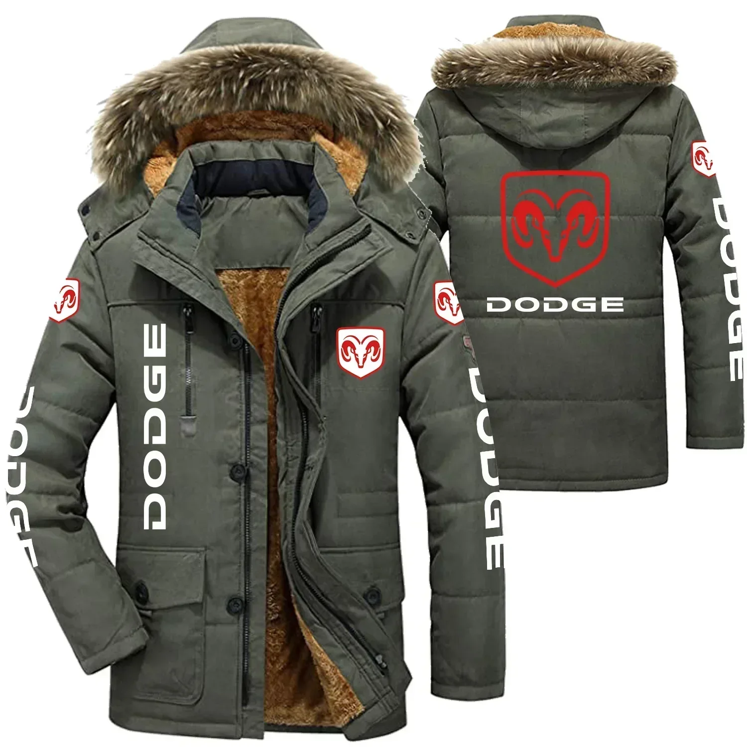 DODGE Logo Men's Winter Cotton Jackets Hooded Parkas Lamb Fur Lining Plush Men Cold Thickening Fashion Motorcycle Jacket