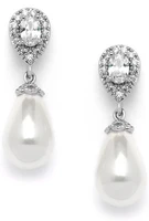 pear shaped cubic zirconia wedding earrings for brides with bold soft cream pearl drops