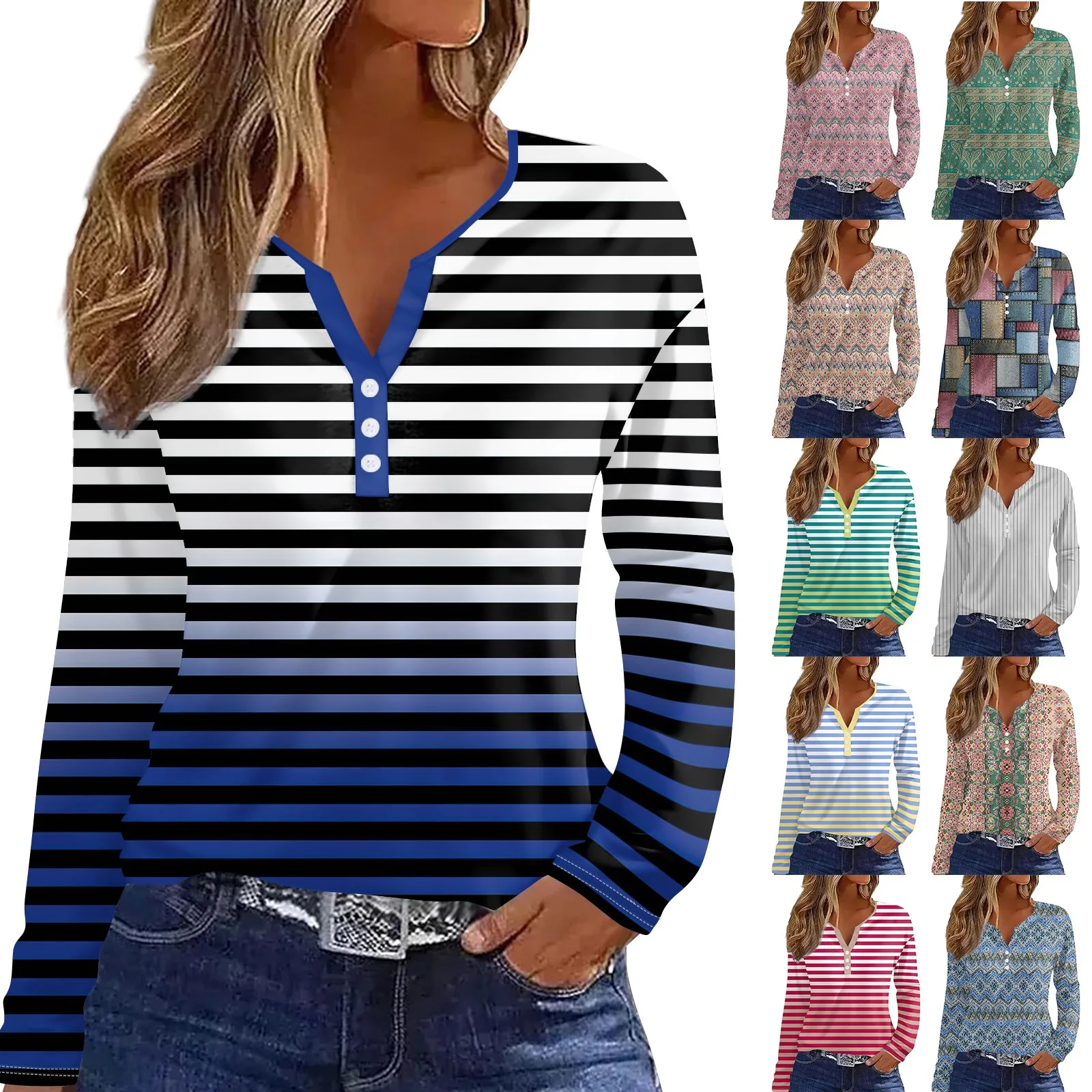 Женская модная Повседневная Ретро футболка в полоску с V-образным вырезом и