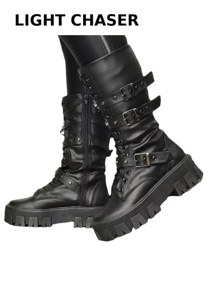 Autumn And Winter New Boots, Furns Punk Lace Thick Bottom Boots Women's Large -size Knight Boots, Fashion Women's Middle Boots