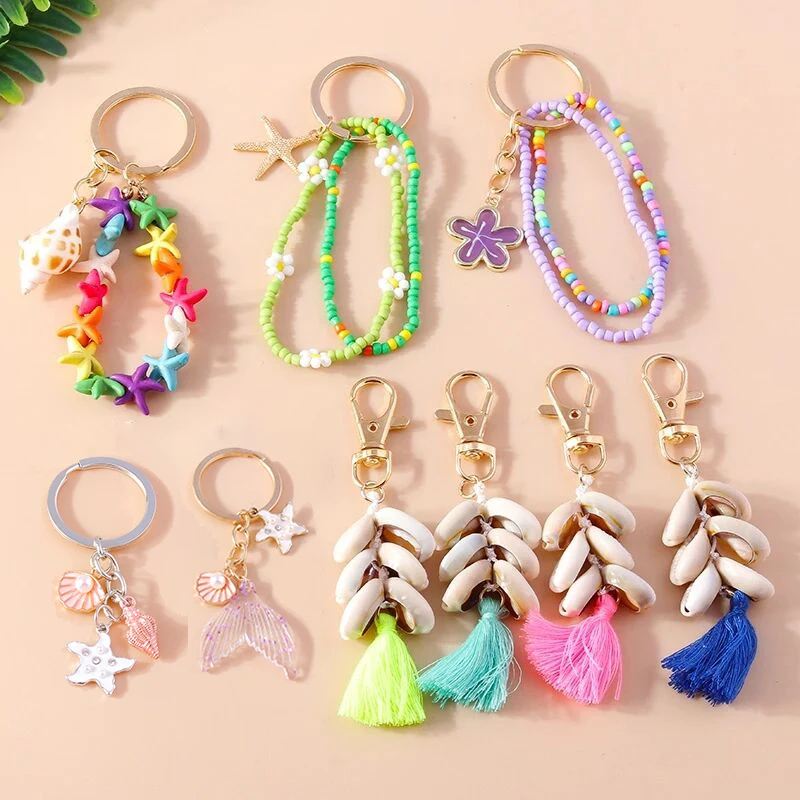 

Summer Beach Shell Conch Starfish Key Chain Bohemian Pendants Key Rings Gift for Girl Women Handbag Decor DIY Jewelry Accessorie