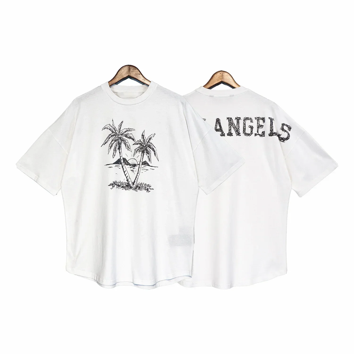 

PALMS Summer sketch coconut ANGELS youth hoodless cotton loose white casual solid color collarless bottomless men's T-shirt