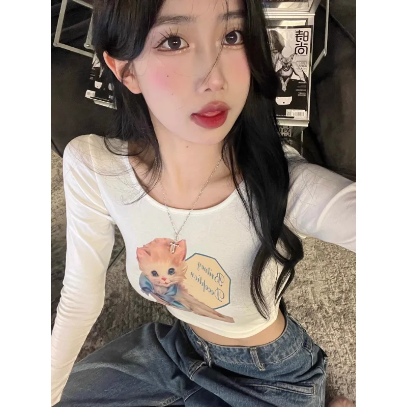 

Женский укороченный топ в Корейском стиле, трикотажная футболка с длинными рукавами и мультяшным принтом в стиле ретро, весна 2023