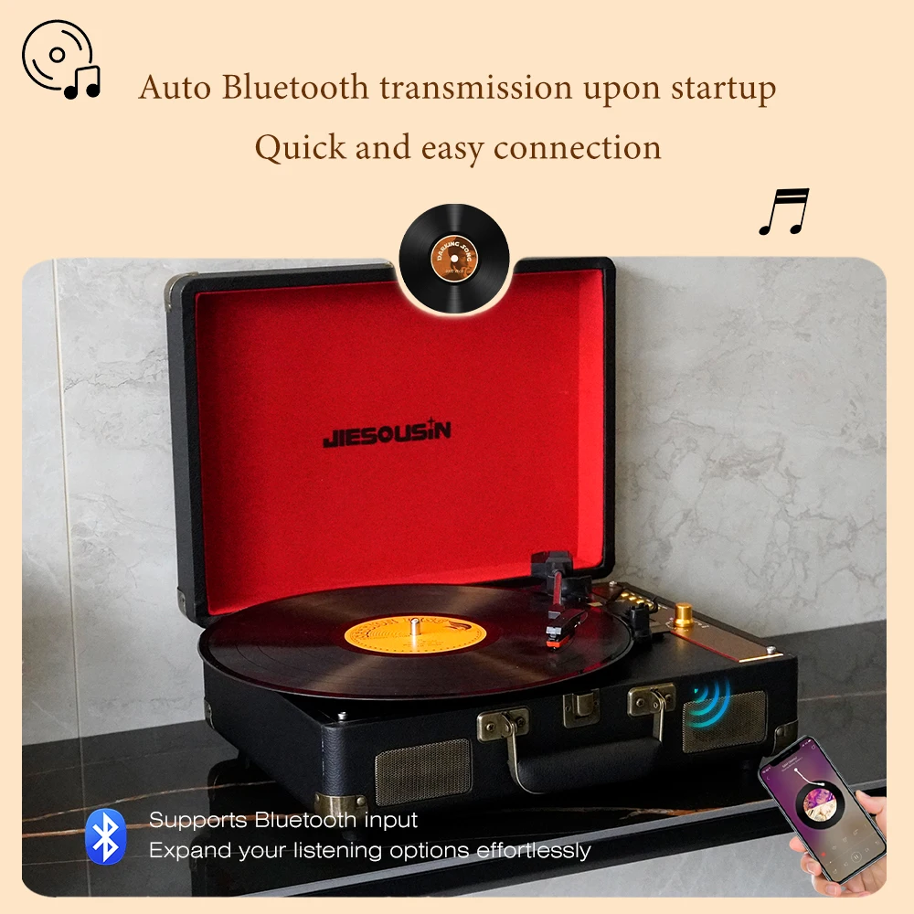 Фото 3-скоростной портативный винтажный проигрыватель пластинок с Bluetooth, проигрыватель виниловых пластинок, встроенные динамики, улучшенный аудиозвук, проигрыватель №3