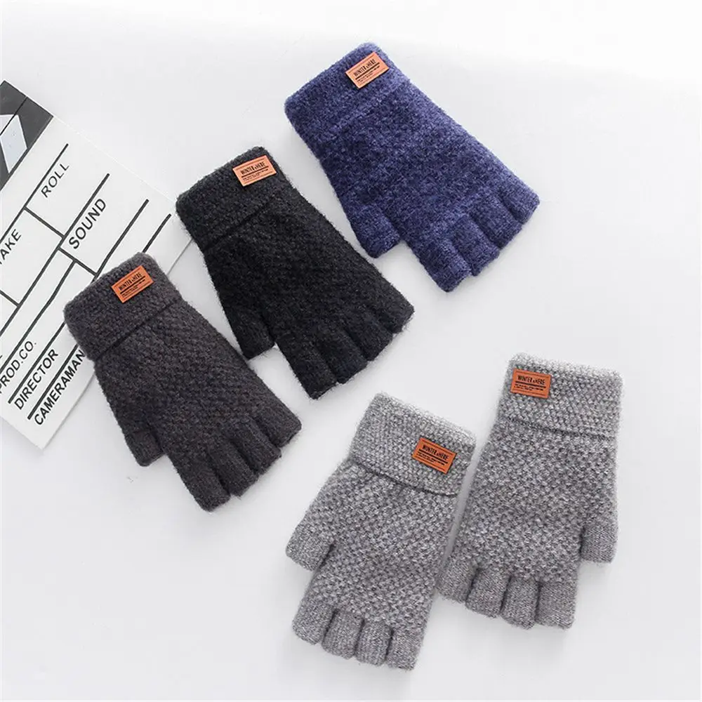 

Men Elastic Thick Writting Driving Gloves Knitted Fingerless Gloves Half Finger Mittens