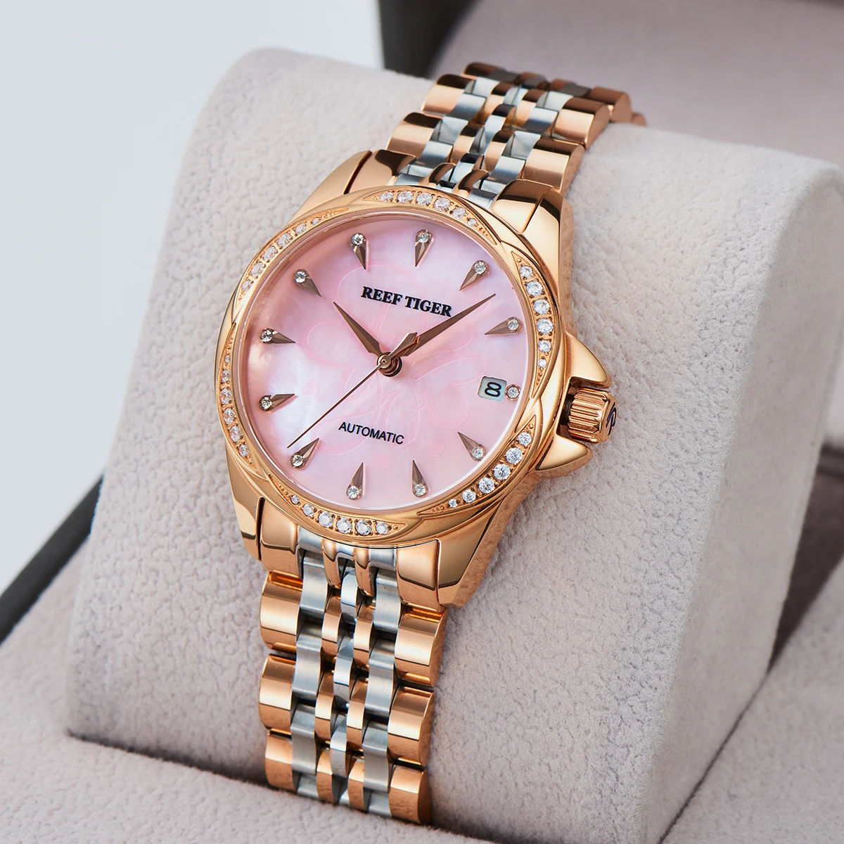 Reef Tiger/RT Sapphire Crystal Women Mechanical Watch Luxury Brand Rose Gold Women Automatic Watch Diamond Dress Watch RGA1583-2