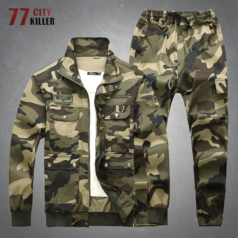 Men's Camo Cargo Sets Spring Autumn Casual Cotton Multiple Pockets Wear-resistant Jacket Elastic Waist Pants Military Suits Male