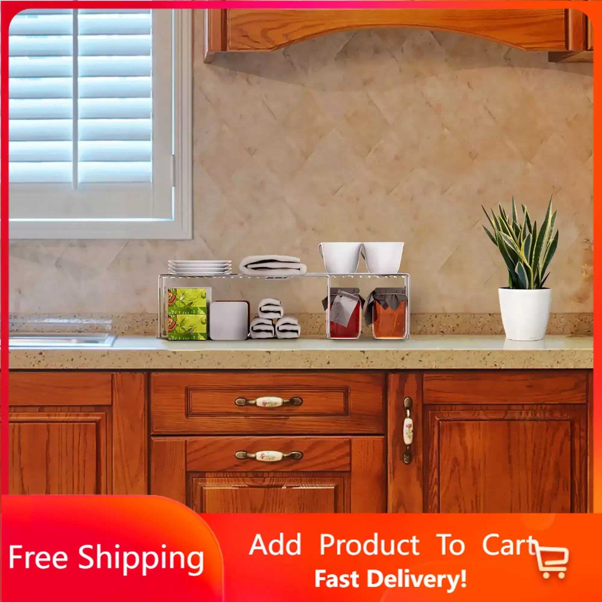 

Expandable Storage Shelf- Adjustable Kitchen Cabinet, Pantry Shelves, Under Sink and Counter Top Organizer (Chrome) Free Shippin