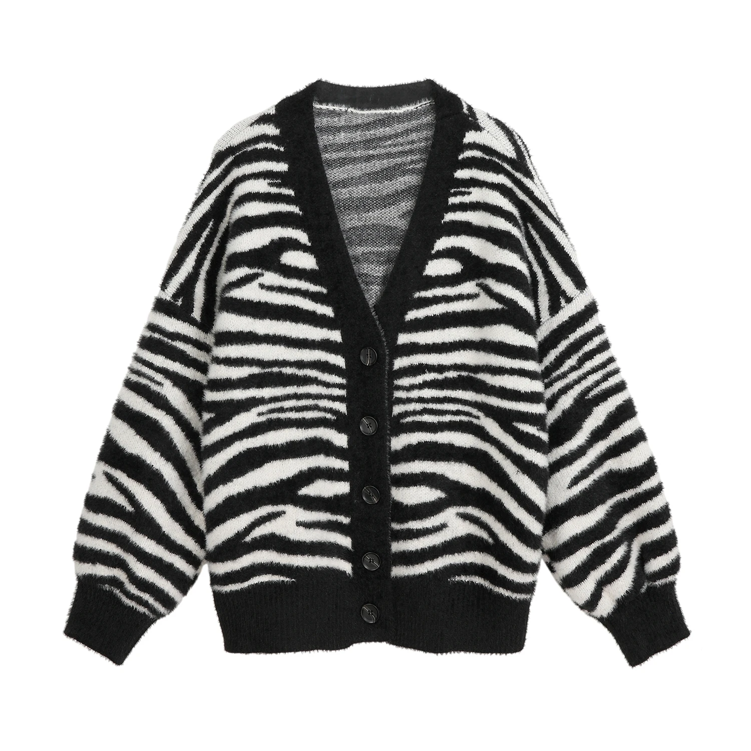 

Women Sweater Jacket 2023 Oversized Knitted Cardigans V-neck Loose Vintage Zebra Print Jumpers Long Sleeve Elegant Female Coat