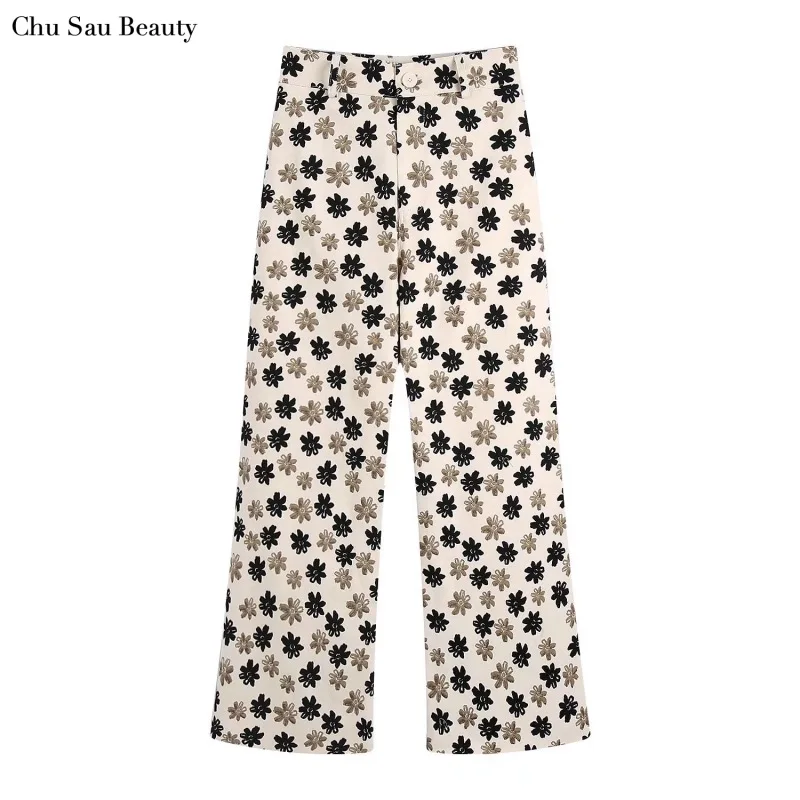 

2022 New Za Women Vintage Floral Print Casual High Waist Wide Leg Pants Chic Contrast Color Floral Design Pocket Decorated Jeans