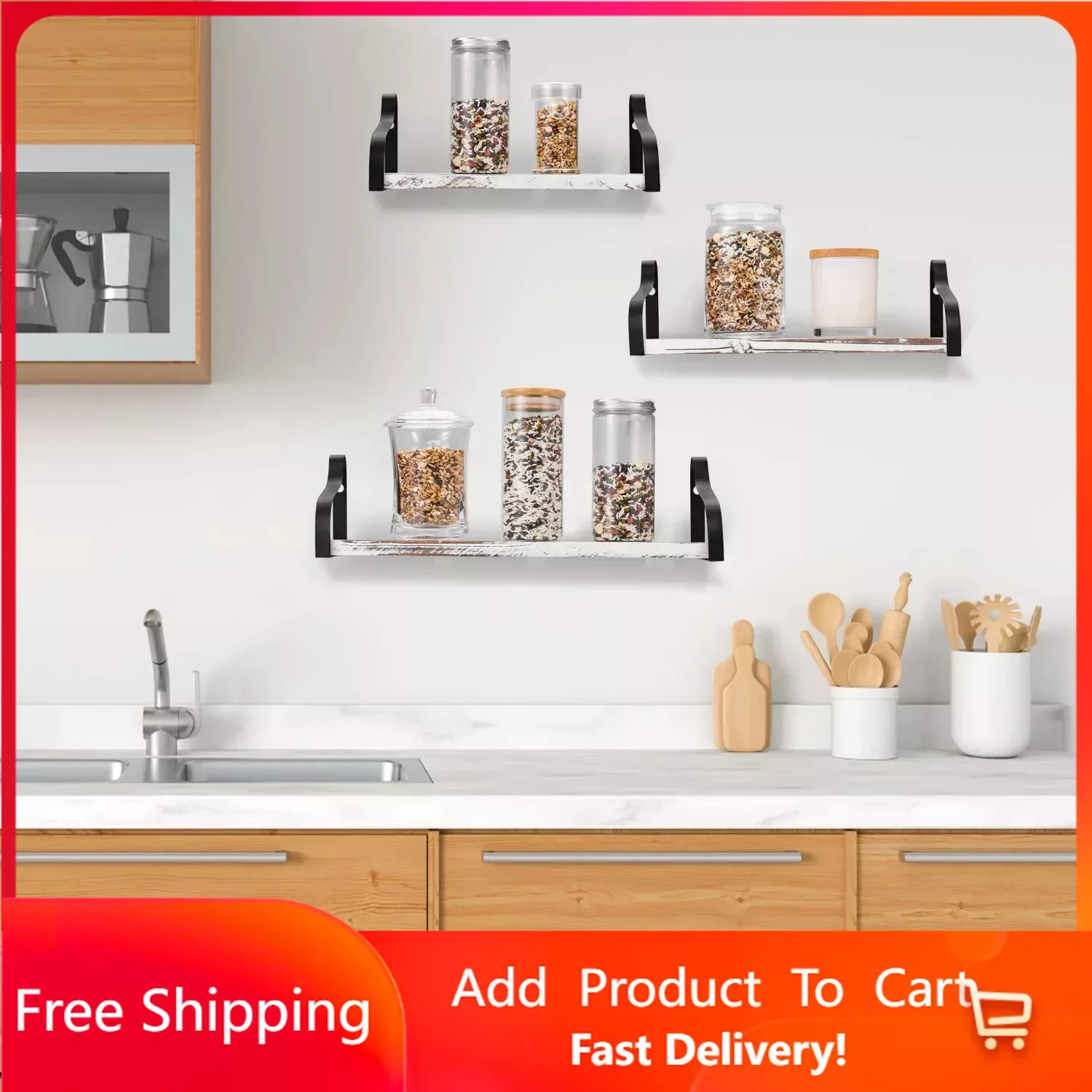 

Rustic 4" x 15" White-Brown Floating Shelf Set of 3