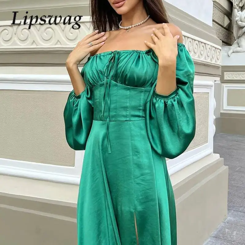

Fashion Solid Satin Split Maxi Dress Women Sexy Slash Neck Lace Up High Waist Party Dress Office Lady Elegant Long Sleeve Dress