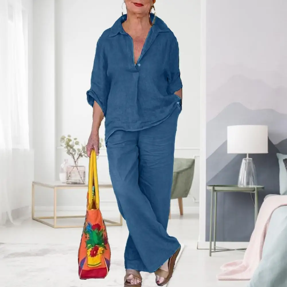 

Женский комплект из 2 предметов, однотонный пуловер с отложным воротником, блузка с длинными рукавами и брюки, женская одежда