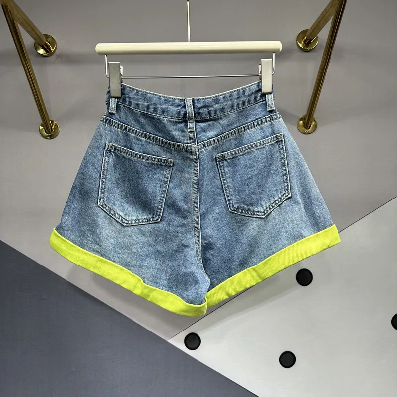 High Street Color Matching Curling A- Line Denim Shorts Women 2023 New Summer Short Pants Waist Slimming Blue Jeans Shorts Femme