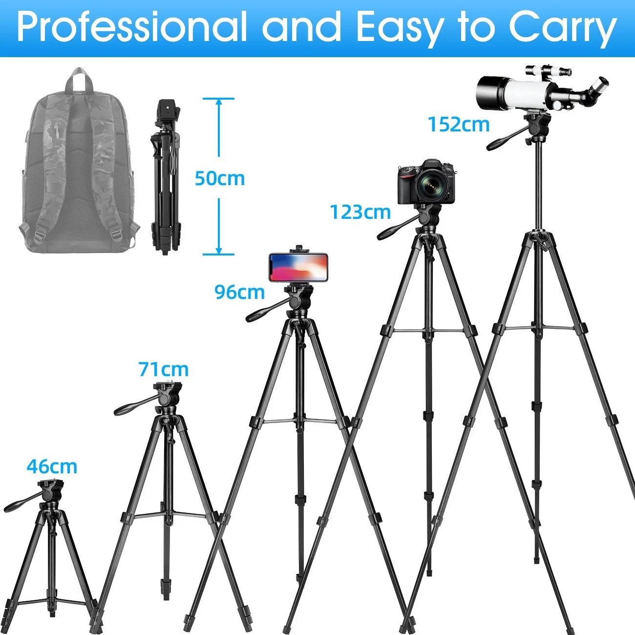 

Camera Tripod 60-Inch/152cm for DSLR/SLR, Aluminium Fluid Head Professional Photography Phone Tripod with Phone Holder &