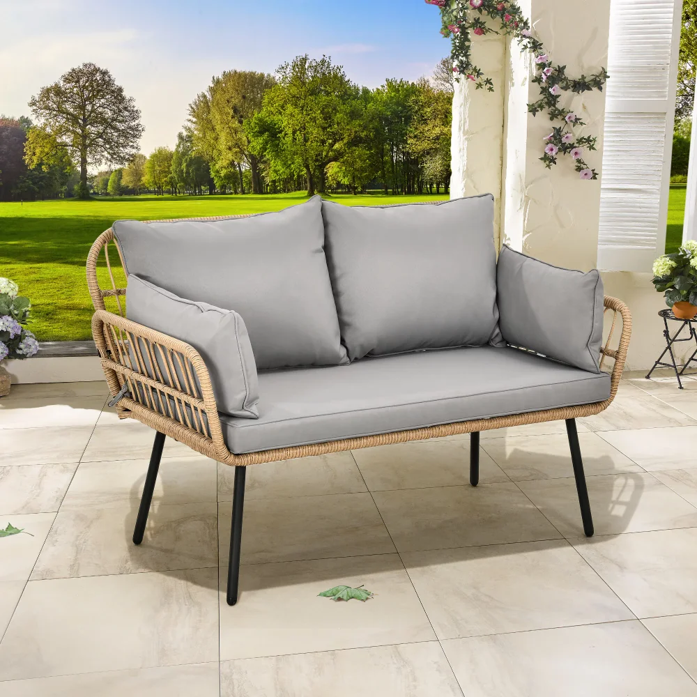 

Loveseat Sofa, All-Weather Wicker Rattan 2 Seater Sofa with Cushions & Lumbar Pillows, Outdoor Patio Furniture Set