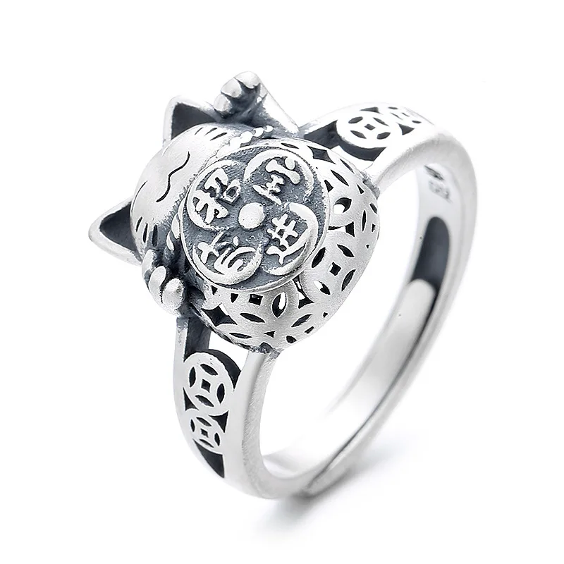 

S925 Sterling Silver Vintage Personalized Wealth seeking Cat 3D Shape Rotatable New Fashion Open Ring