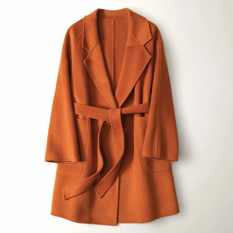 

Женское двухстороннее шерстяное пальто со шнуровкой, средней длины