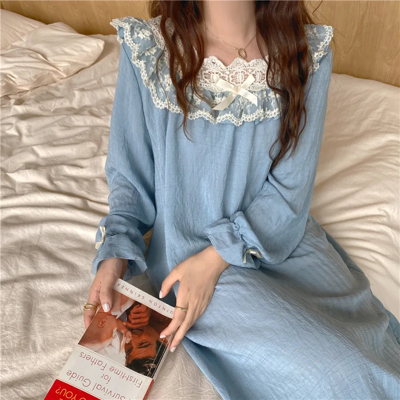 Qweek Women's Sleepwear Cotton Spring Nightgown Cute Bow Ruffles Princess Style Nighty for Ladies Sleepshirts Summer Mid Calf