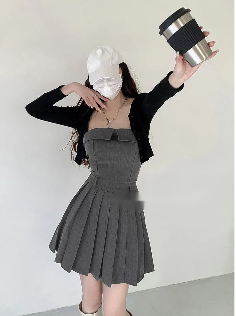 

TVVOVVIN, Новинка лета 2023, крутое, сексуальное, милое, острое, серое платье с бюстгальтером для девушек, женское тонкое, плиссированное платье, короткое платье ZGFT