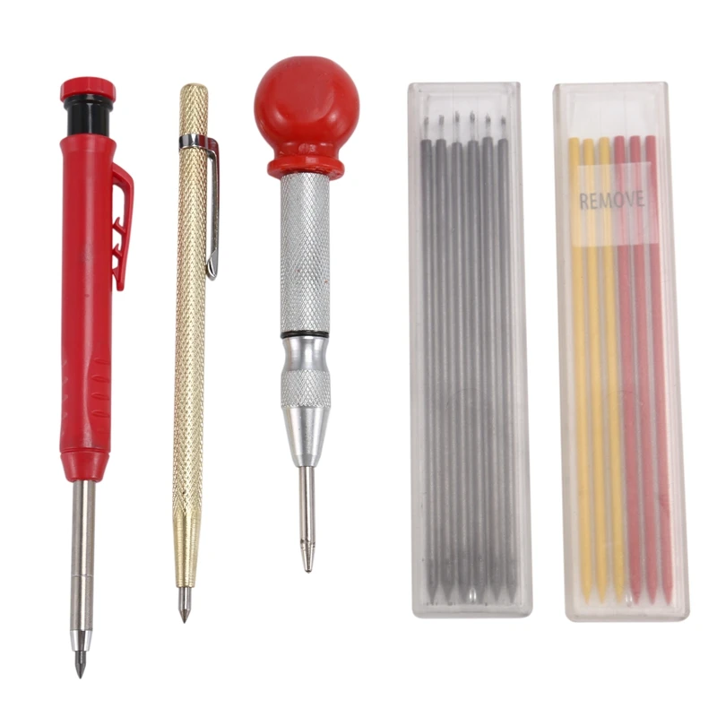 

Carpenter Scriber Marking Tools Set, 1 Carpenter Pencil ,1 Metal Carbide Scriber, 1 Automatic Center Punch Pencil Lead