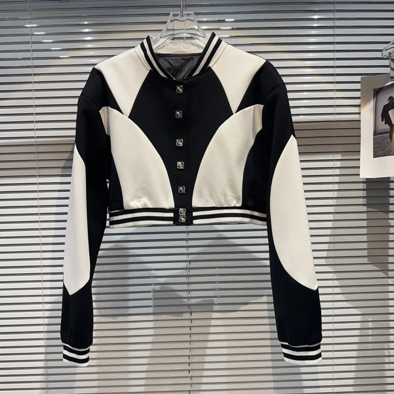 

BORVEMAYS Coat Casual Loose Contrasting Colors Letter Embroidery Stand Collar Single-breasted Trend Jacket 2023 Autumn New