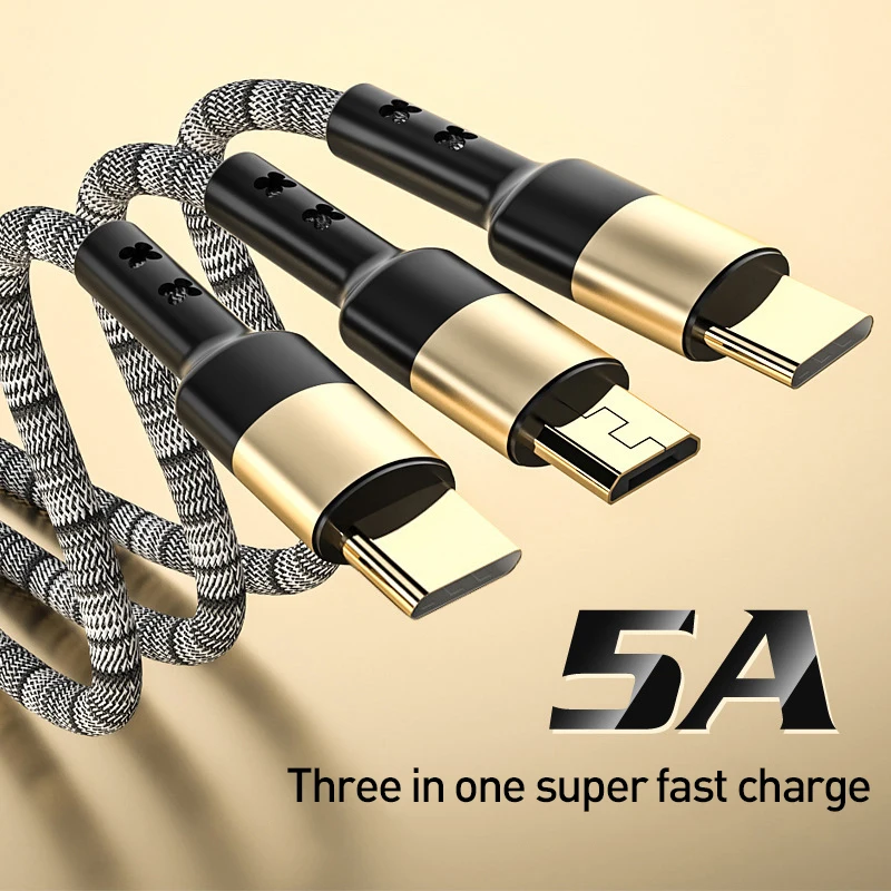 

5A Fast Charging 3 in 1 USB Cable Multi Quick Charger Micro USB Type C Cable for iPhone for Samsung for Xiaomi Huawei Oneplus