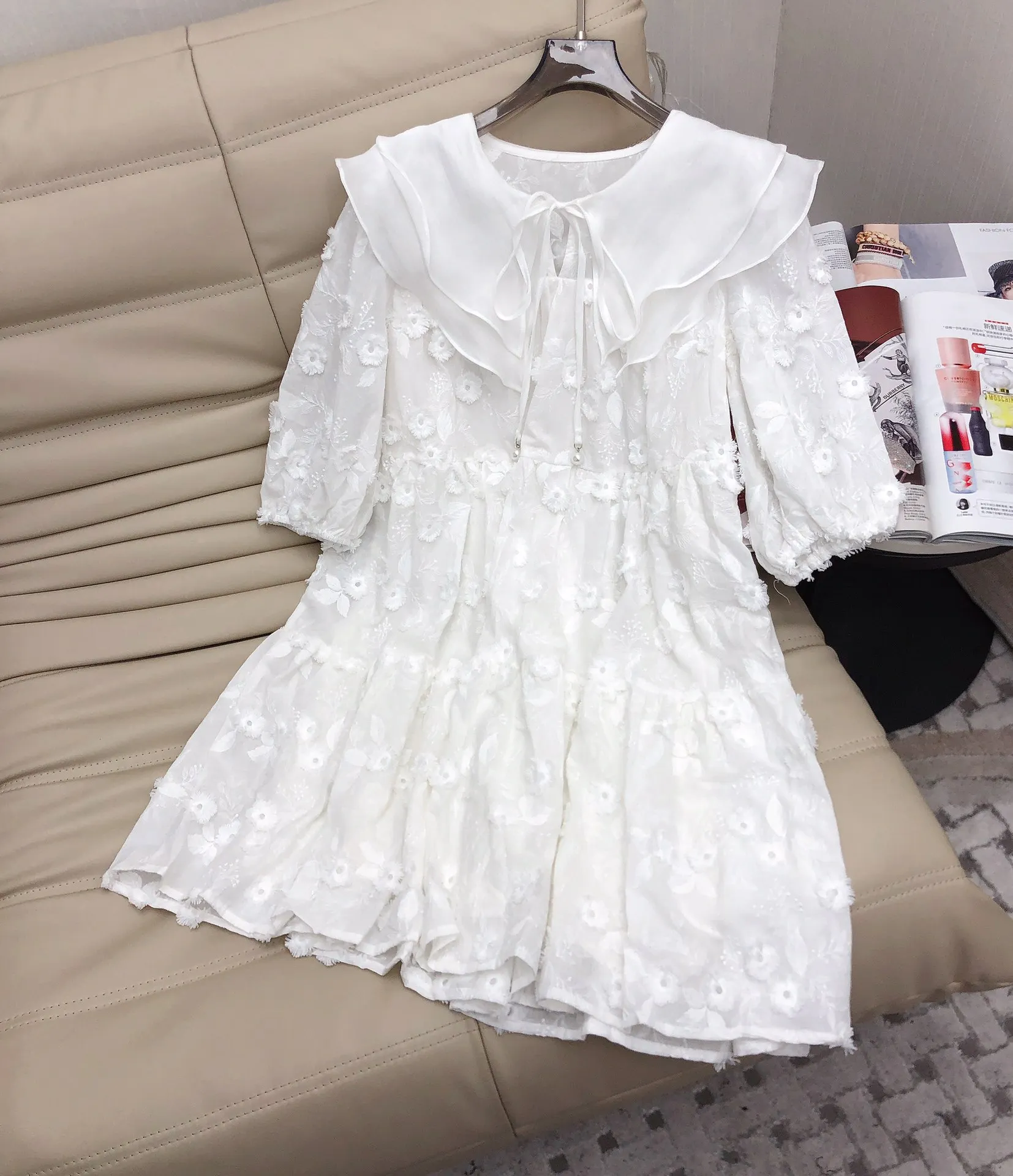 3D flowers embroidery sweet peter pan collar white mini dresses holiday lantern sleeve loose dress