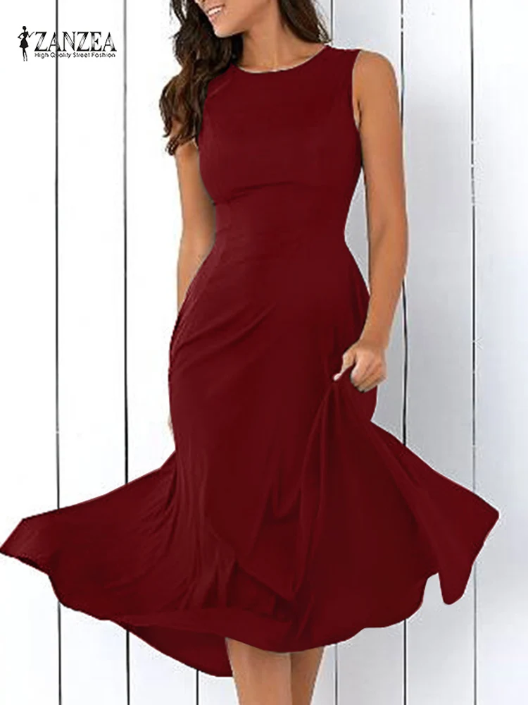 

Fashion Summer Party Sundress ZANZEA Elegant Women Sleeveless Mid-calf Dress Solid Holiday Vestidos Casual Work Dresses Sarafans