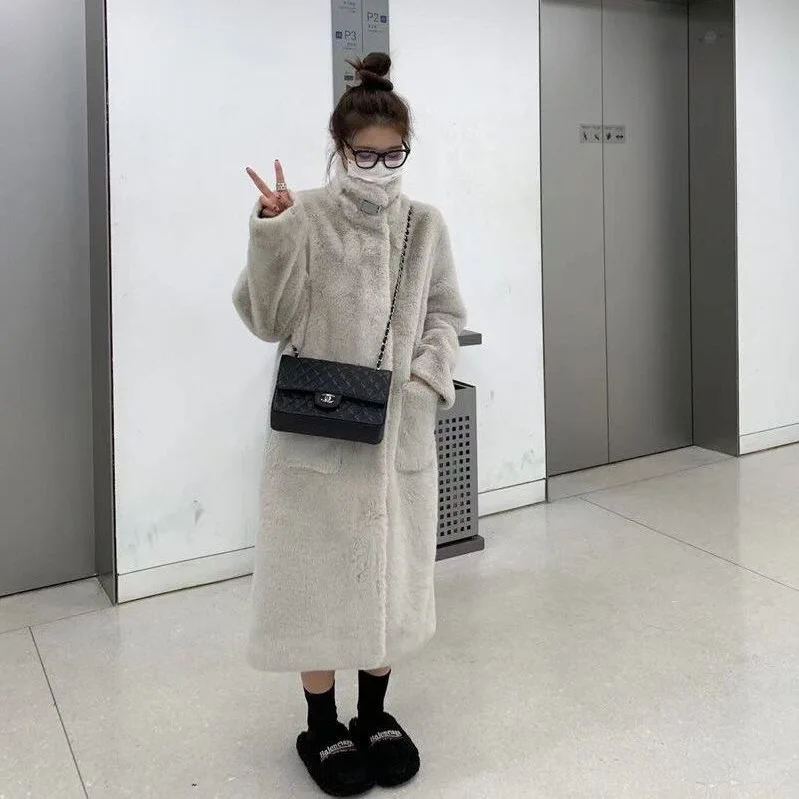 Nagodo Korean Faux Fur Coat 2022 Winter Women Long Overcoat Stand collar Mink Lamb Wool Long Furry Fluffy Fake Fur Coats