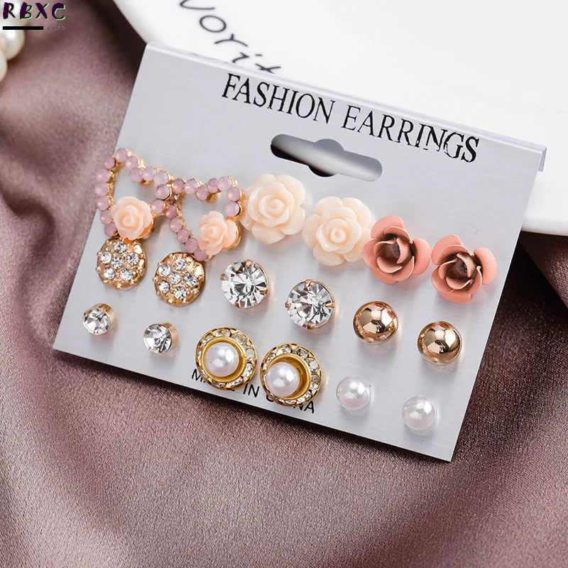 

RBXC 2020 Fashion 12/ 9 Pairs Women's Pearl Flower Crystal Studs Earrings Set Girls Elegant Rose Flower Heart Ear Jewelry Party