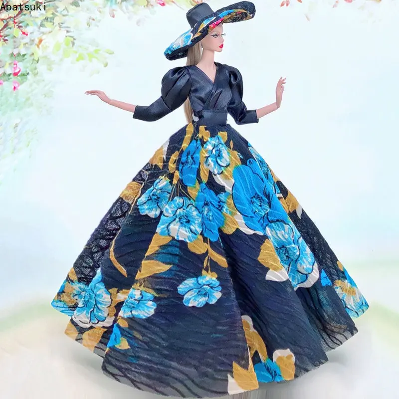 

Черно-синее французское Цветочное платье для куклы Барби, одежда ручной работы, женское платье и большая шляпа, аксессуары для кукол 1:6, детские игрушки
