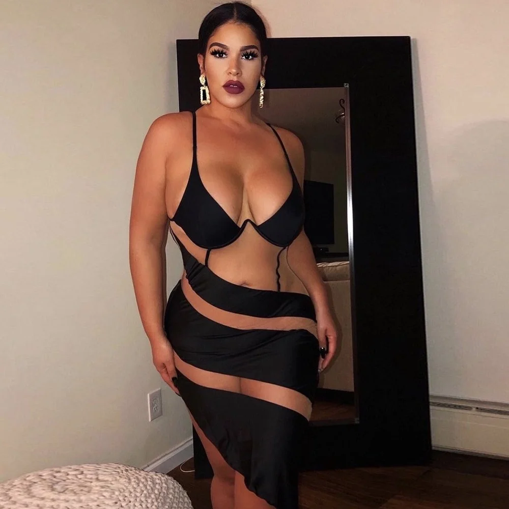 

Ailigou 2022 Women's Sexy Mesh Patchwork Leotard Dress Sleeveless Hollow Fitness V-Neck Party Club Clothing Camisole Vestido