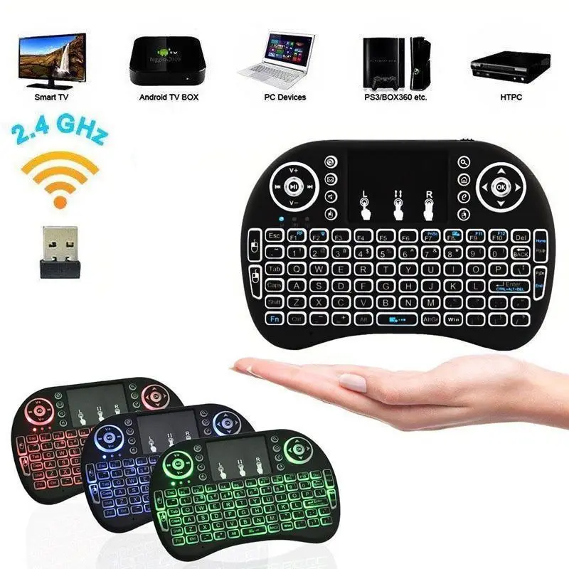 

Desktop game Colorful Backlight English Russian 2.4G Air Mouse Remote Touchpad for Android TV Box PC I8 Mini Wireless Keyboard