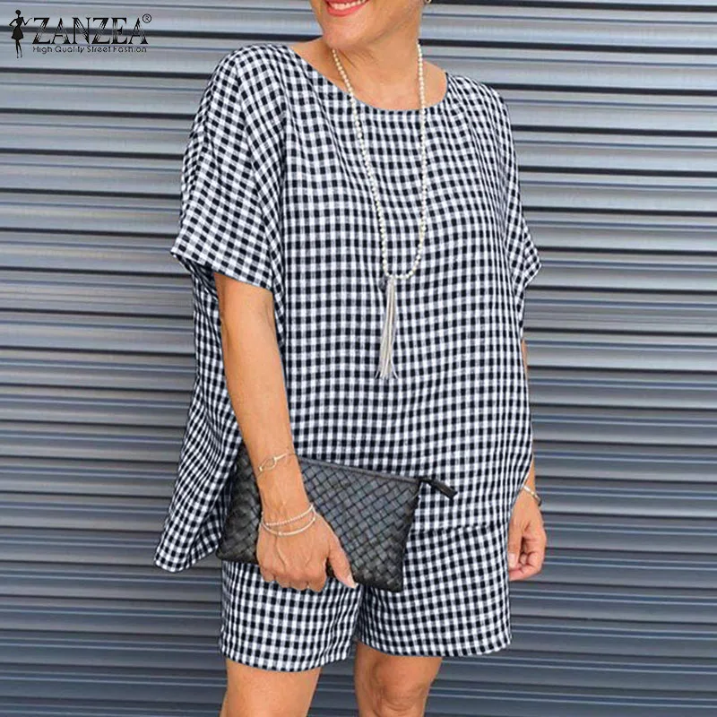 

ZANZEA 2pcs Womens Urban Tracksuit Summer Vintage Short Sleeve Blouse Short Sets Loose Homewear Plaid Checked Matching Sets 2022