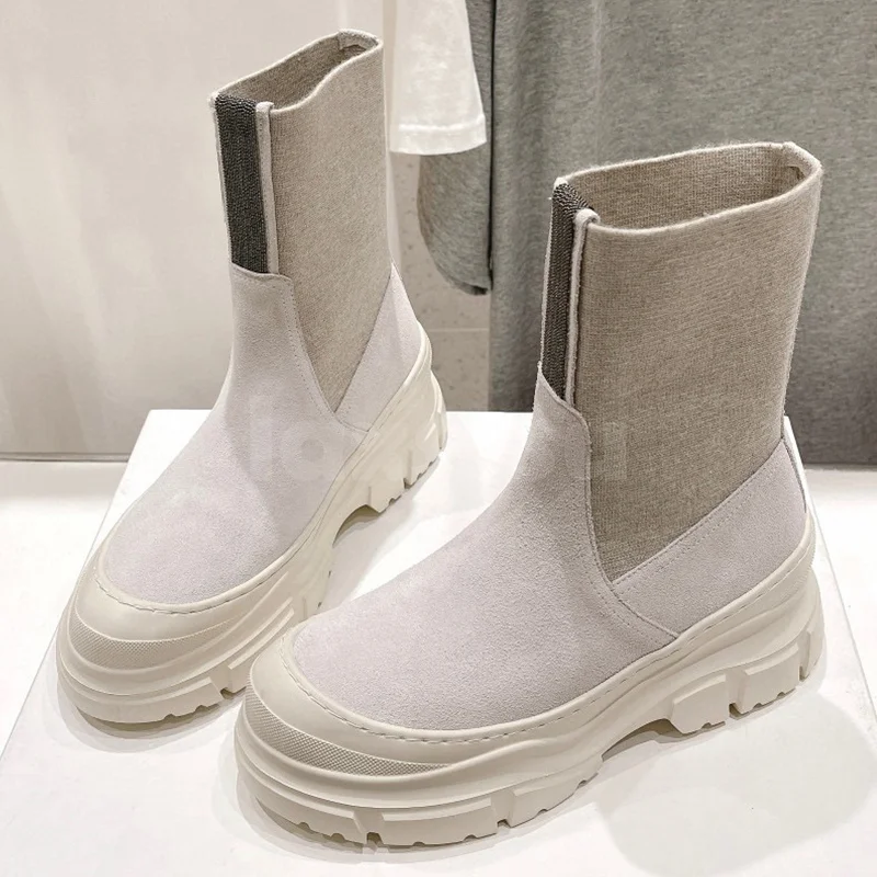 

Женские ботильоны, новинка осень-зима, замша из коровьей кожи на высокой платформе, дизайнерские короткие ботинки разных цветов без застежек, универсальная женская обувь в стиле ретро