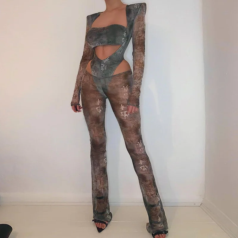 

Женский брючный костюм Zoctuo, комплект из двух предметов с длинным рукавом и вырезами, элегантная женская одежда