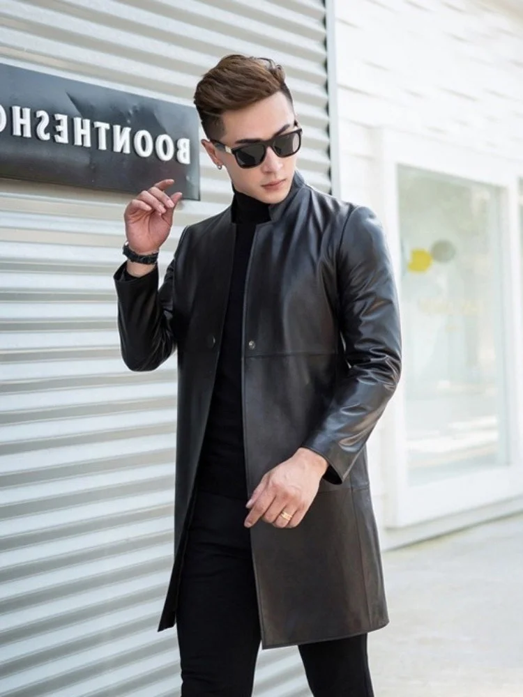 

Куртка мужская демисезонная из натуральной кожи, с воротником-стойкой и длинным рукавом