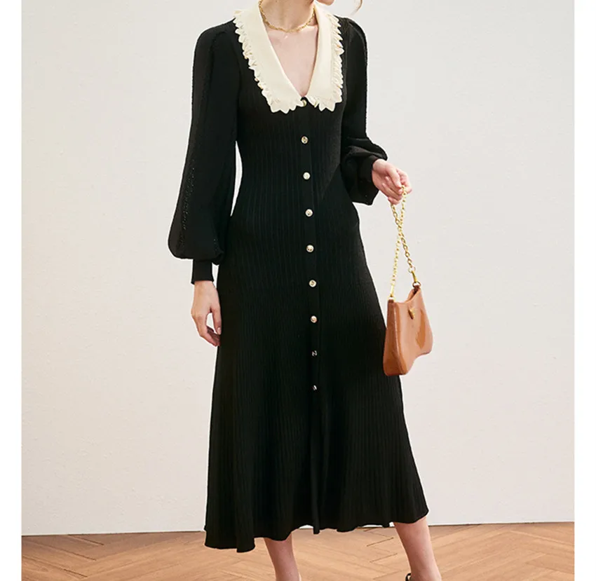 

Женское трикотажное платье с воротником «Питер Пэн», Элегантное однобортное облегающее платье с рукавами-фонариками, Осень-зима