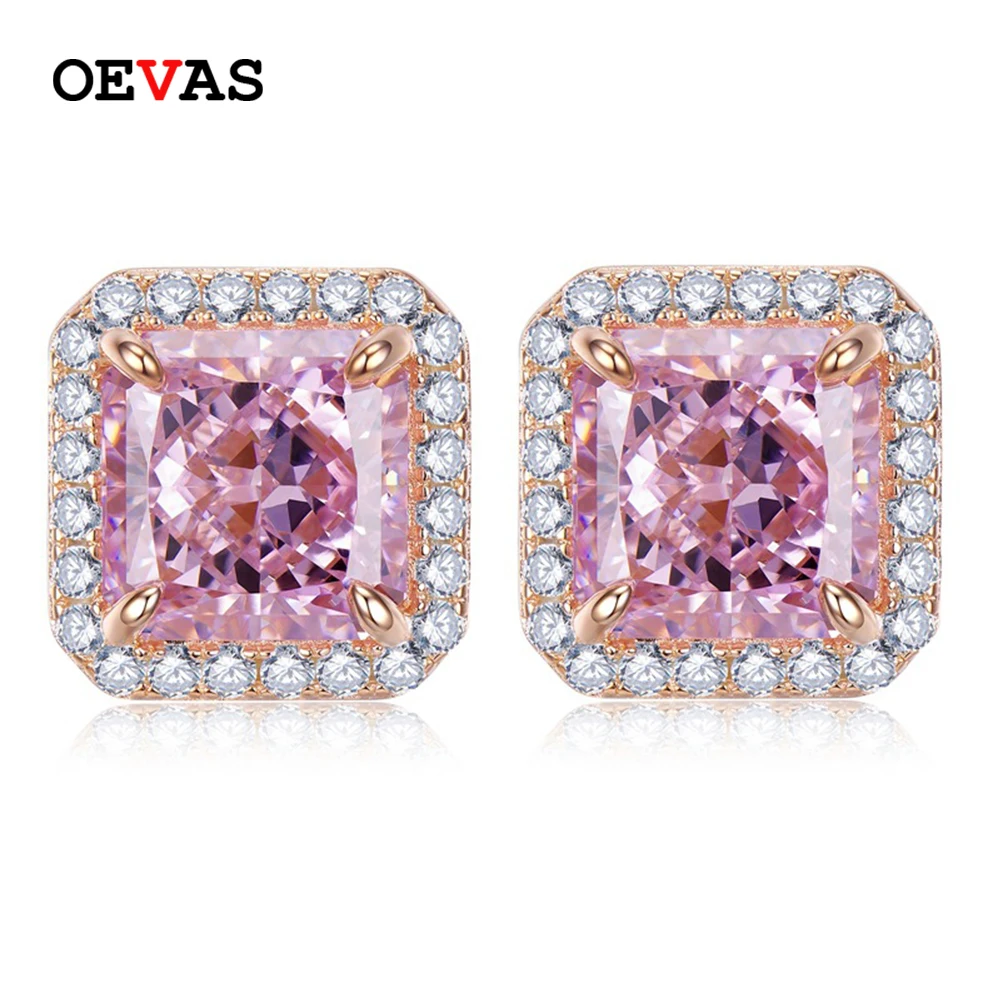 

OEVAS 100% 925 Sterling Silver Sparkling Square Pink High Carbon Diamond Stud Earrings For Women Wedding Party Fine Jewelry Gift