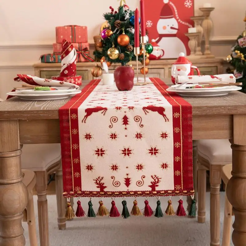 

Merry Christmas Table Runner Decorations For Home 2023 Christmas Table Flag Cover with Tassels Xmas Navidad New Year Tablecloth