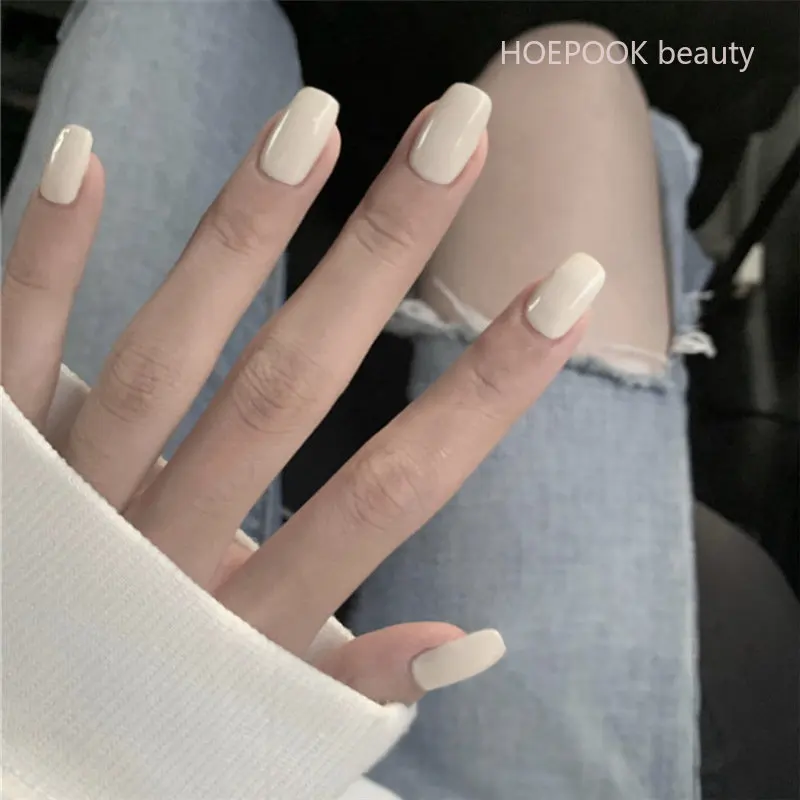 

24pcs Off White Artificial Square Head Acrylic Press On Nails Tips Seamless Removable Fake Nails Coffin False Nails With Glue